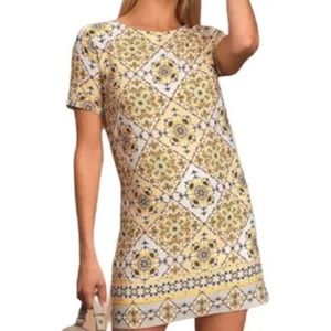 Lulus Yellow Tile Print Shift Dress Large Boho Mini Euro Summer Vacation